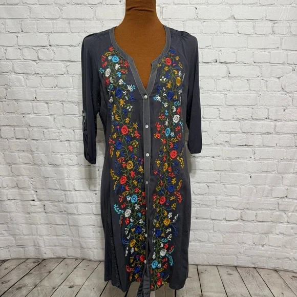 Anthropologie | Dresses | Anthropologie Tiny Gathered Vines Floral  Embroidered Tunic Dress Womens Gray